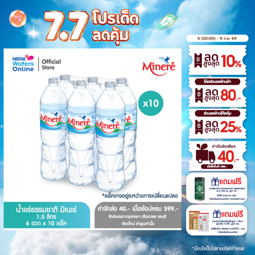 [จัดส่งกรุงเทพฯ ปริมณฑล ชลบุรี เชียงใหม่ ลำพูน] น้ำแร่ธรรมชาติมิเนเร่ 1.5ล. (แพ็ค 6 ขวด) x 10 แพ็ค