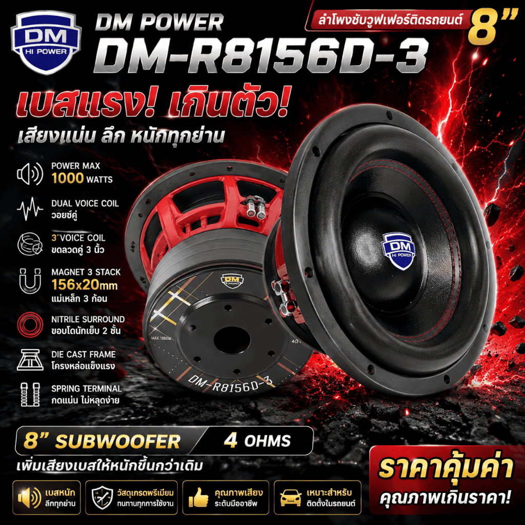 เบสสุดแรง ดอกซับ DM POWER รุ่น DM-R8156D-3 ดอกซับเบส ลำโพงซับวูฟเฟอร์ 8นิ้ว โครงหล่อ สีแดง แม่เหล็ก 156x20 มิล 3 ก้อน.
