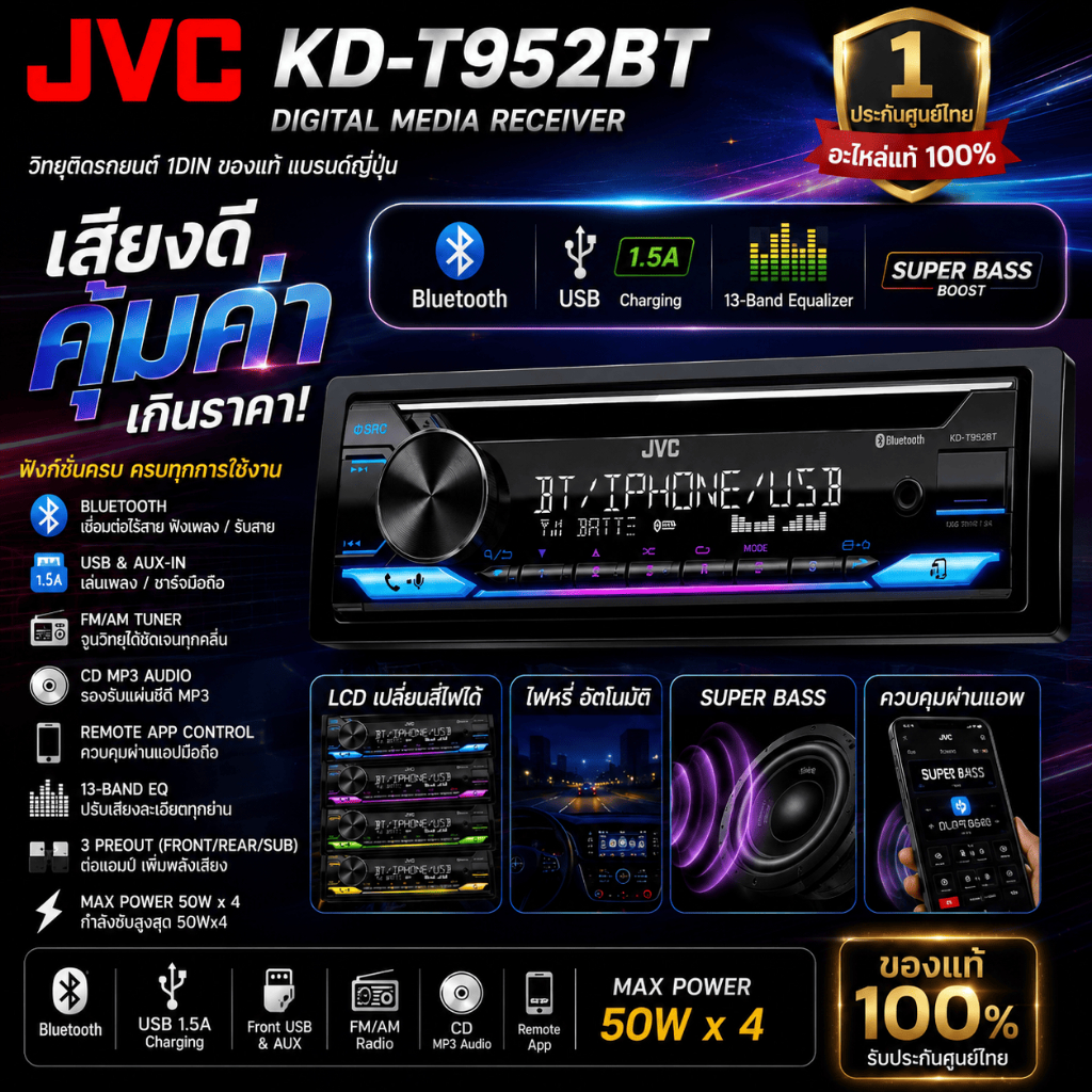 รับประกันของแท้!! JVC รุ่น KD-T952BT วิทยุเครื่องเสียงติดรถยนต์ ขนาด1DIN เล่น USB/CD/AUX/BLUETOOTH เ