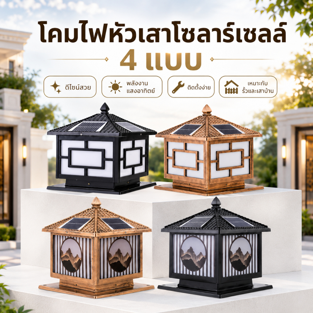 โคมไฟหัวเสาโซลาร์เซลล์ 4 แบบ แผง 10W แบต 4400mAh เปิดไฟอัตโนมัติ แต่งรั้ว สวน ประตูบ้าน กลางแจ้ง