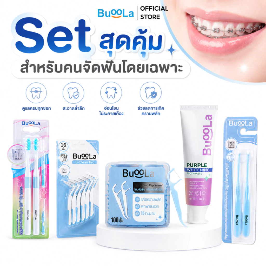 [Set 5 ชิ้นสำหรับคนจัดฟัน ] Buoola ยาสีฟัน+แปรงสีฟัน+แปรงขัดซอกฟัน+แปรงกระจุก+ไหมขัดฟัน