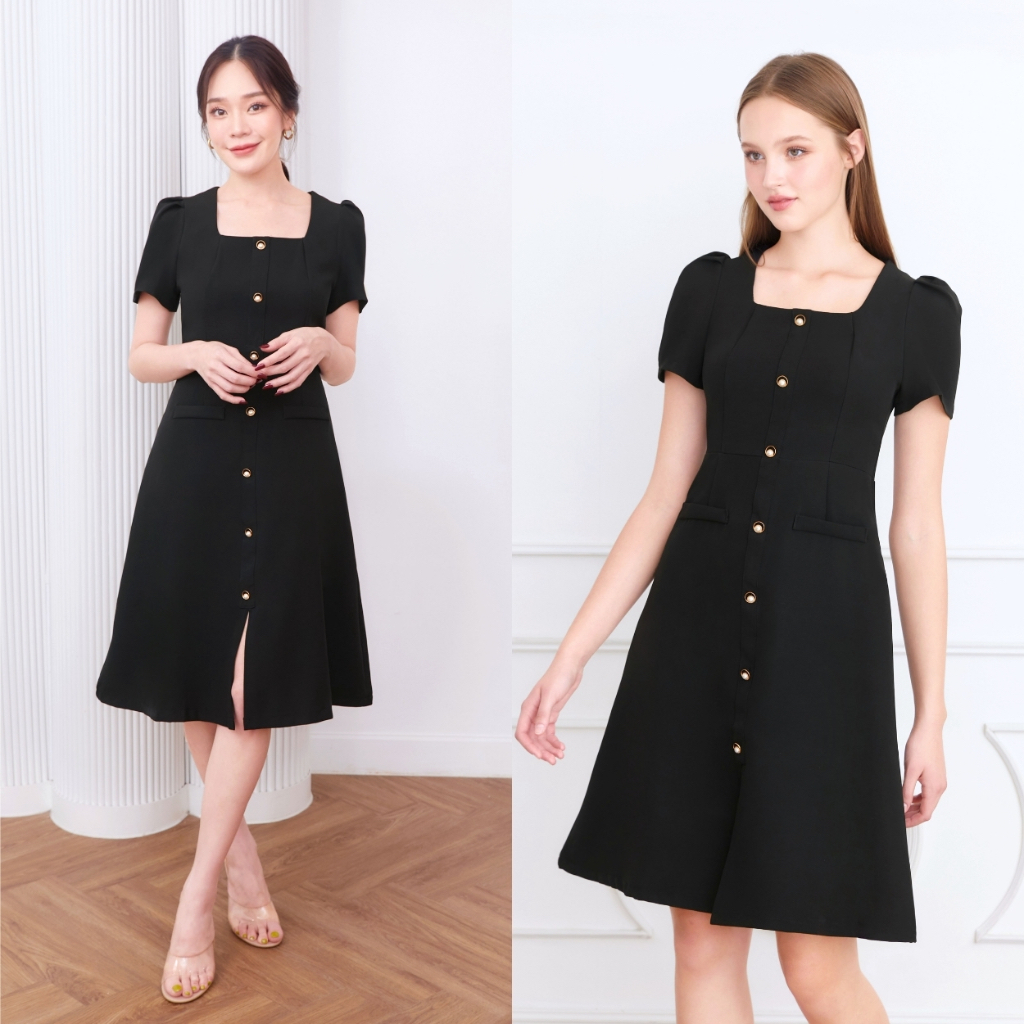 Cheryl brand - Mina Square Neck Midi Dress in Black / มิดิเดรสสีดำ