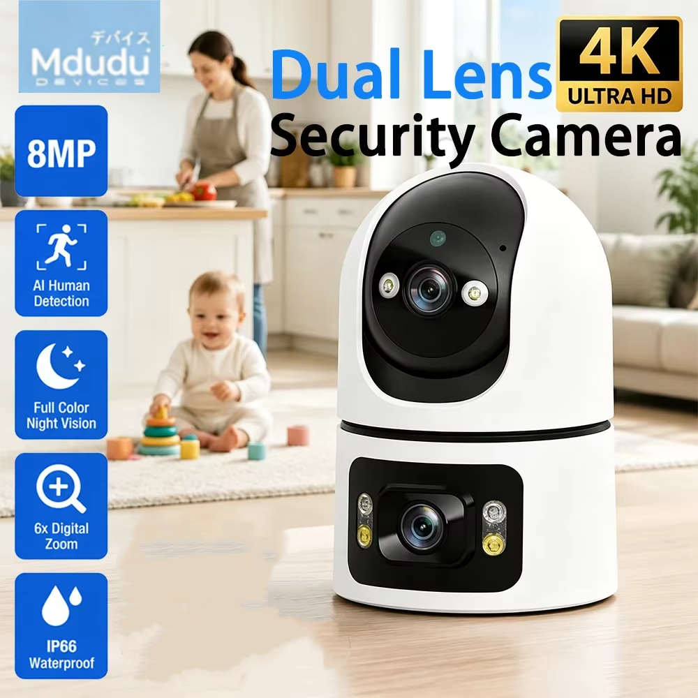 ซื้อ1แถม1🔥Mdudu กล้องวงจรปิด 2 เลนส์ ความคมชัด 4K รุ่น 4K-X7 สีขาวดำ IP Camera กล้องสองเลนส์ WiF 8MP