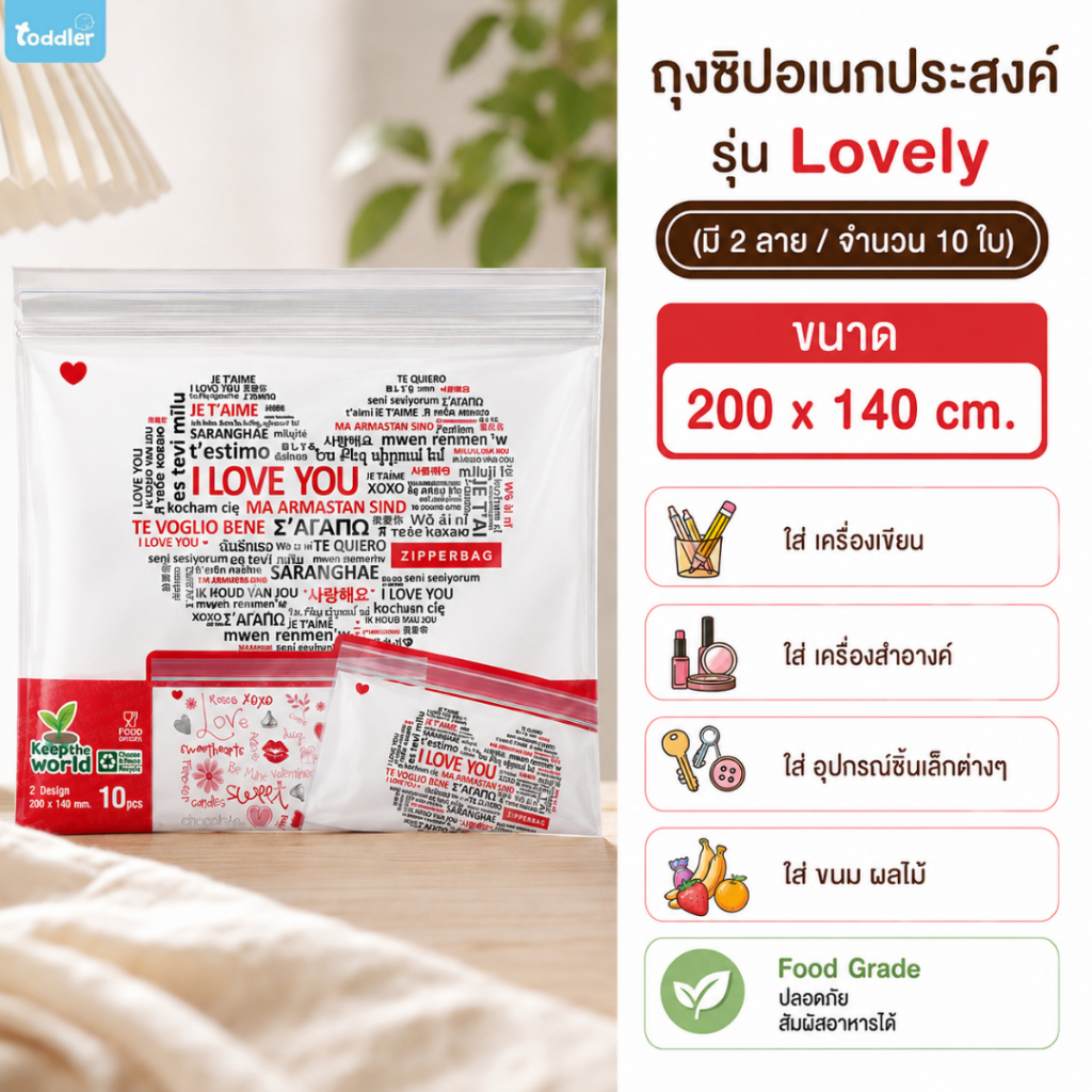 Toddler x Zipperbag ถุงซิปล็อค ใส่ของอุปกรณ์ต่างๆ Food Storage Bag รุ่น Lovely (10 ใบ/แพค)