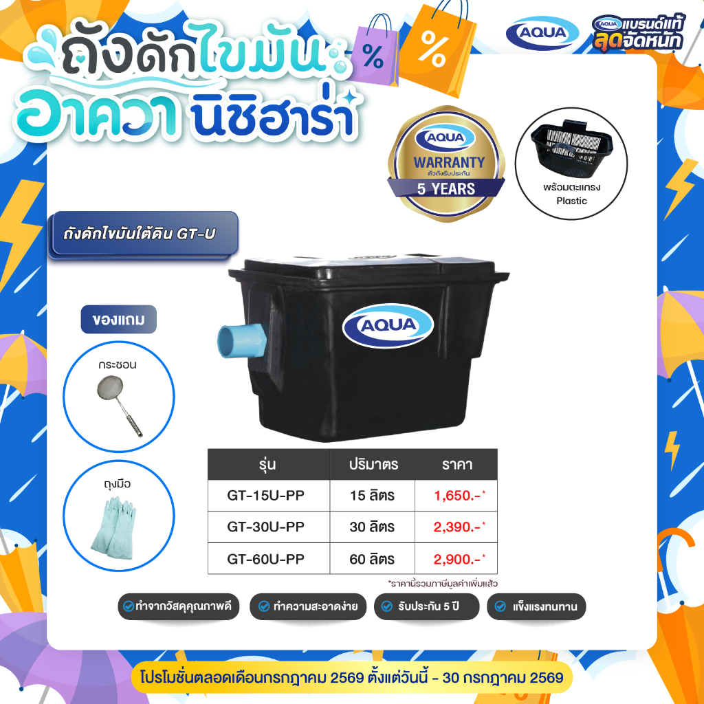 ถังดักไขมัน รุ่น GT สำหรับติดตั้งใต้ดิน (Black) (ปริมาตร 15,30,60 ลิตร) ของแท้จาก Aqua Nishihara