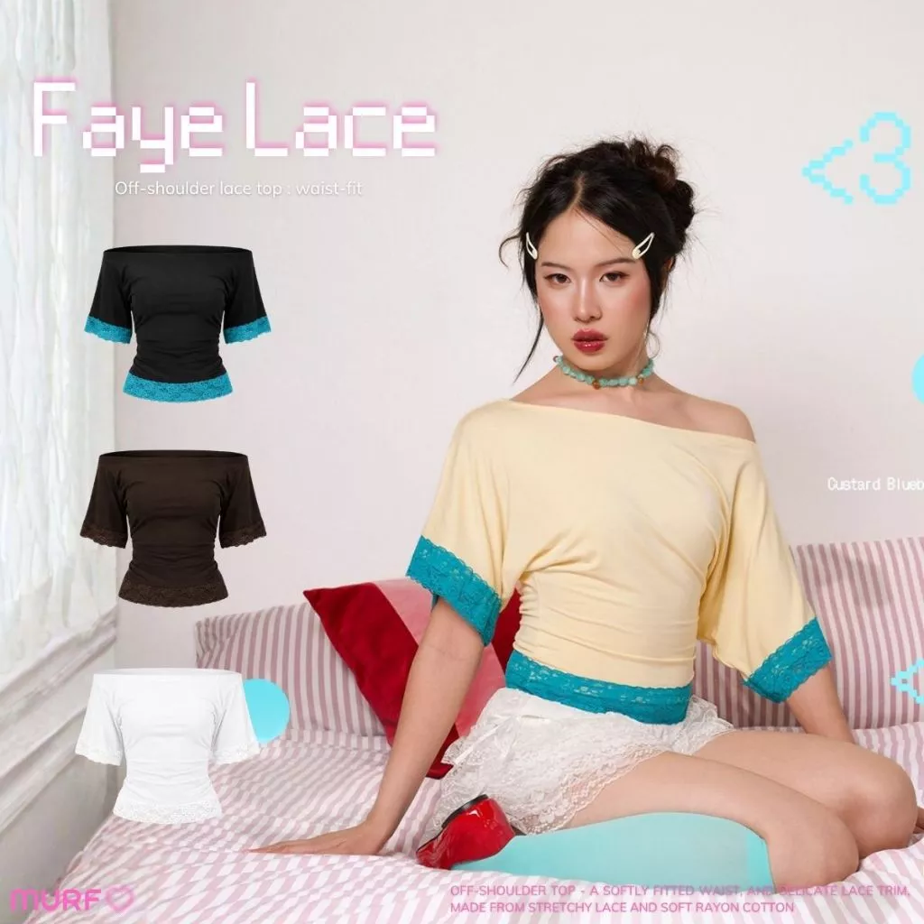 Faye Lace Top | เสื้อปาดไหล่แต่งลูกไม้ เข้าเอว ผ้าลูกไม้ยืด ผ้าเรยอนคอตตอนยืด | MURF.BKK | T 213