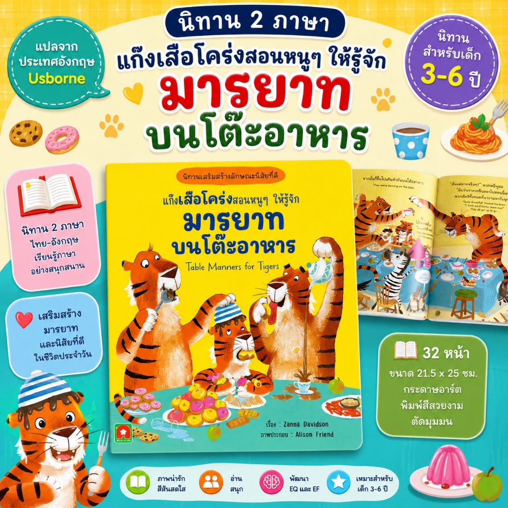 Aksara for kids หนังสือเด็ก นิทาน 2 ภาษา แก๊งเสือโคร่งสอนหนูๆ ให้รู้จัก มารยาท บนโต๊ะอาหาร Table Manner for Tigers