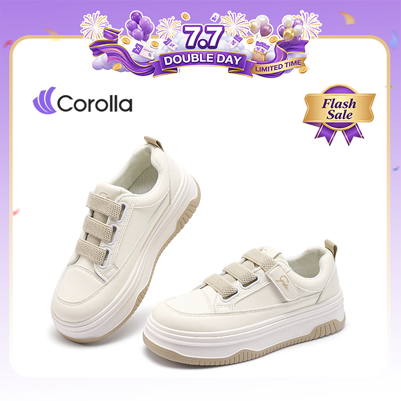 Corolla Velcro Three รองเท้าผ้าใบผู้หญิง พื้นหนา กันลื่น รองเท้าทรงลำลองไร้เชือก เสริมส้น สีขาว ผ้าใบแบบสวม