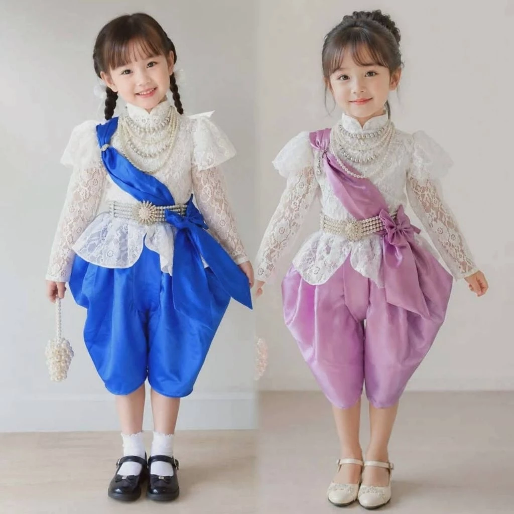KT พร้อมส่ง 👗 ชุดไทยเด็กผ้าลูกไม้+ผ้าพาด กลัดโบว์ +โจงกระเบนสีไวน์สุดหรู 🎀 แถมกิ๊บโบว์ติดผม