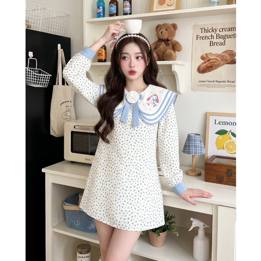 (มี3XL) Bubble Bun Dress เดรสทรงปล่อยผ้าคอตตอนพิมพ์ลาย + เข็มกลัด ปกสามชั้นงานปักกระต่าย ซิปหลังมีซับใน