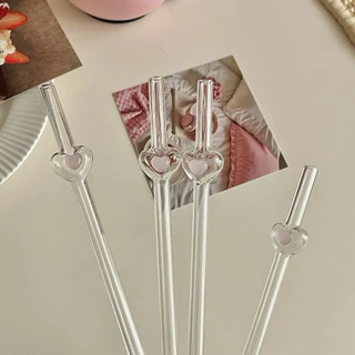 พร้อมส่ง หลอดแก้วใสรูปหัวใจ แก้วบอโรซิลิเกต ทนร้อน ใช้ซ้ำได้ สำหรับกาแฟ ชานม น้ำผลไม้