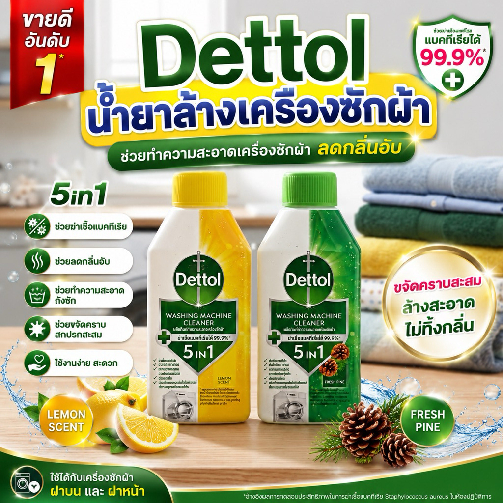Dettol น้ำยาล้างเครื่องซักผ้า 250 มล. ขจัดคราบลึก ฆ่าเชื้อได้ 99.99%