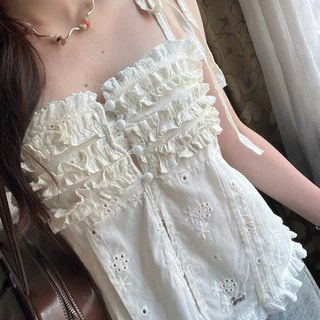 เสื้อสายเดี่ยวผูกไหล่ ระบายอก ผ้าฉลุ