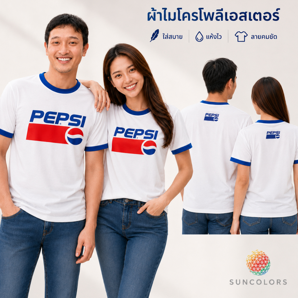 เสื้อยืดลายกราฟิก PEPSI สีขาวขอบน้ำเงิน เสื้อกีฬา Unisex ผ้าไมโครโพลีเอสเตอร์ ไซส์ S-2XL Suncolor