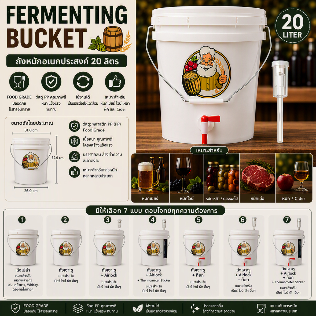 [Fermenting Bucket] ถังพลาสติก Food Grade สำหรับหมักเครื่องดื่ม ขนาด 20 ลิตร +Airlock + ก๊อก +แถบวัด