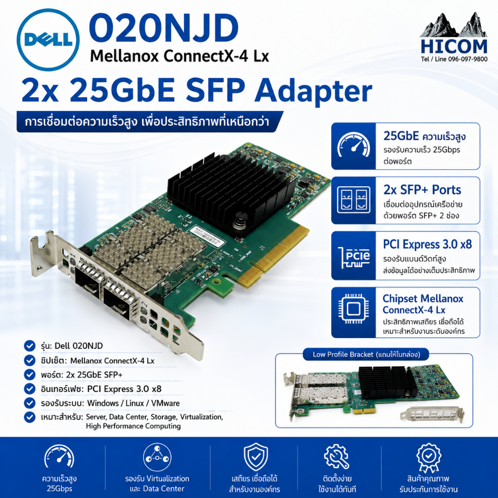 Ethernet LAN Card 25G 2 port PCI-E Dell 020NJD Mellanox ConnectX-4 Lx Network Dual Port การ์ดเครือข่าย การ์ดแลน SFP+