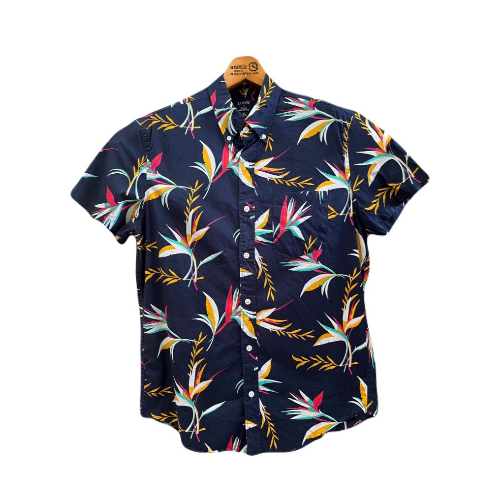 เสื้อฮาวาย อก42 ไหล่17 ยาว29 สีกรม แบรนด์ J.Crew 100%Cotton (V50) มือสอง