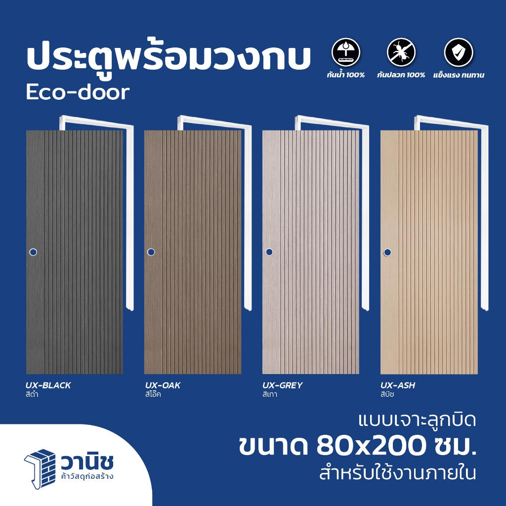 ประตูพร้อมวงกบ uPVC Eco-door รุ่น UX ขนาด 80 x 200 ซม. แบบเจาะลูกบิด มี 4 สี กันปลวก กันน้ำ 100% สำหรับใช้ภายใน