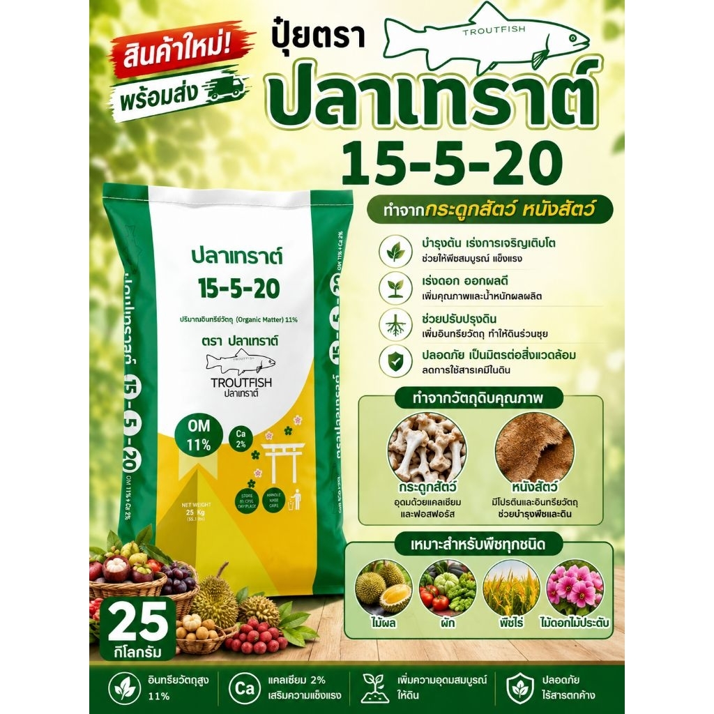 15-5-20 ขนาด 25 กิโลกรัม ปุ๋ยอินทรีย์เคมี OM11% ช่วยขยายผล เพิ่มน้ำหนัก สร้างเนื้อ เพิ่มความหวาน ตราปลาเทราต์
