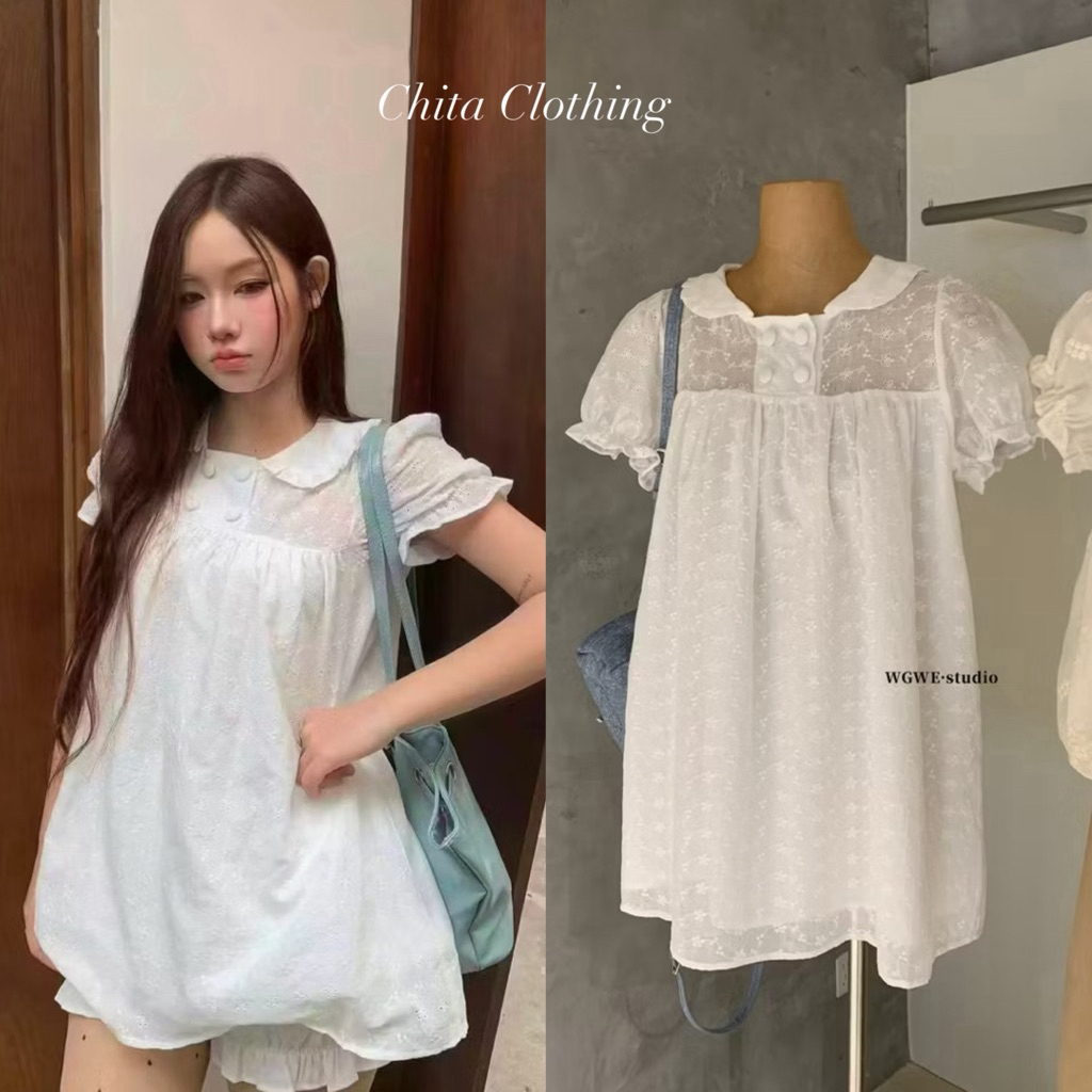 📍Pre📍8684 เดรสแขนสั้นคอบัว ผ้าลูกไม้เนื้อผ้าดี มีซับใน (ไม่รวมกางเกง) TAG:WG.WE 🇰🇷