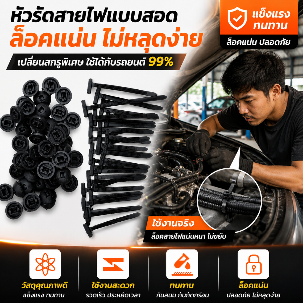 สายรัดเคเบิลไนลอนแบบตะปู 100 ชิ้น คลิปล็อคสายไฟรถยนต์ ติดตั้งง่าย ทนร้อน กันน้ำ ใช้งานอเนกประสงค์