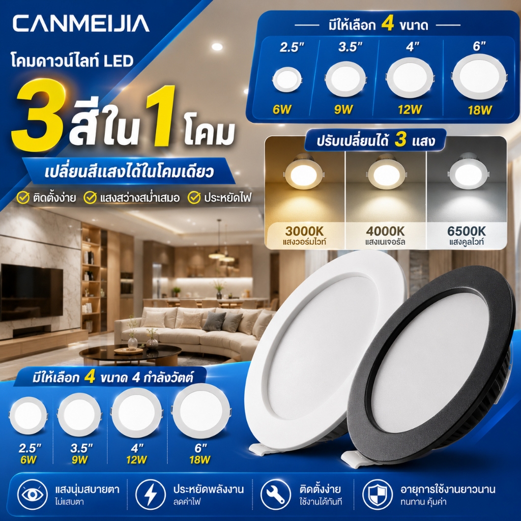 CANMEIJIA 3 สี ไฟดาวน์ไลท์ 2.5/3.5/4/6'' ดาวน์ไลท์ LED โคมไฟเพดาน ไฟled 6/9/12/18W แบบบาง หลอดไฟ กลม ไฟฝังฝ้า
