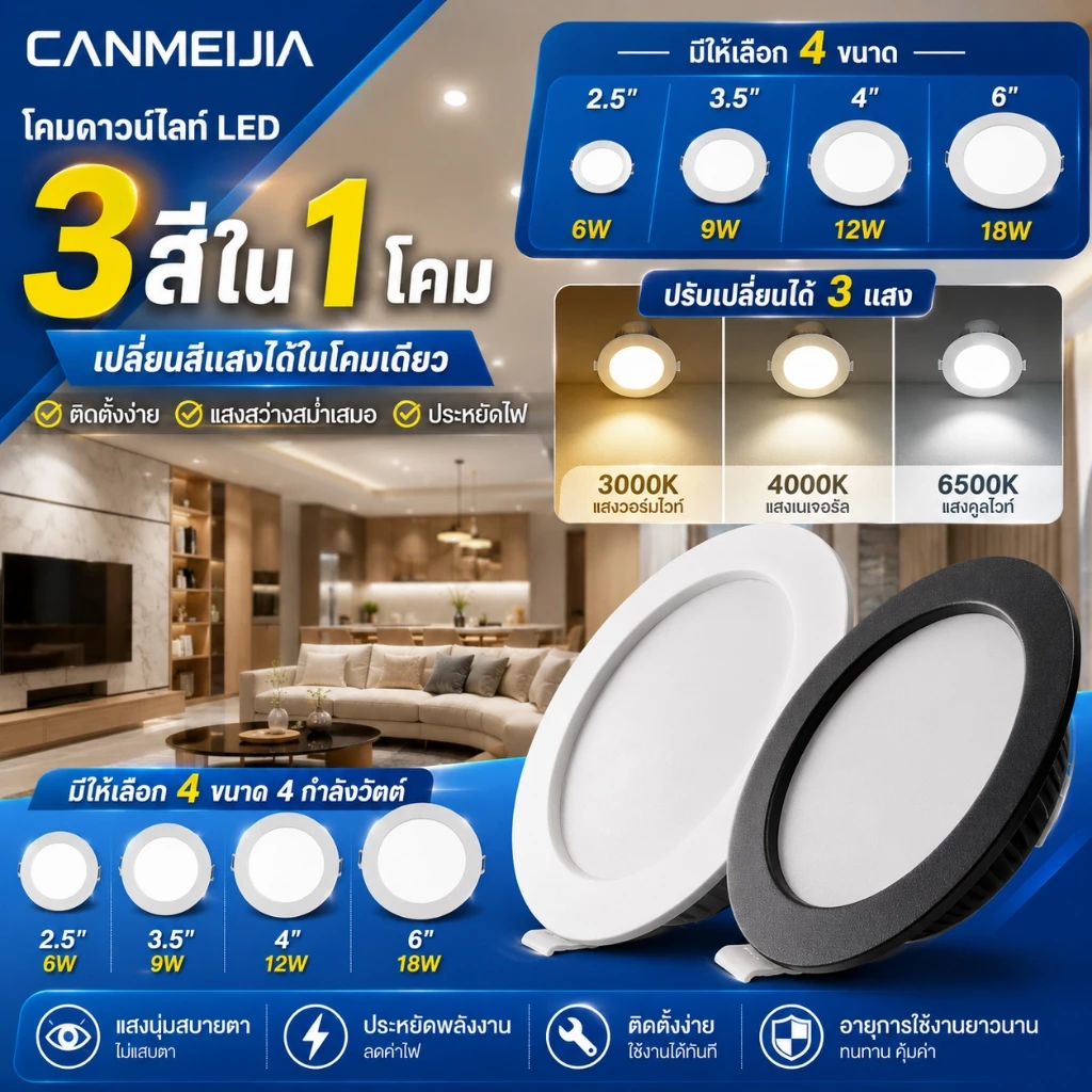 CANMEIJIA 3 สี ไฟดาวน์ไลท์ 2.5/3.5/4/6'' ดาวน์ไลท์ LED โคมไฟเพดาน ไฟled 6/9/12/18W แบบบาง หลอดไฟ กลม ไฟฝังฝ้า