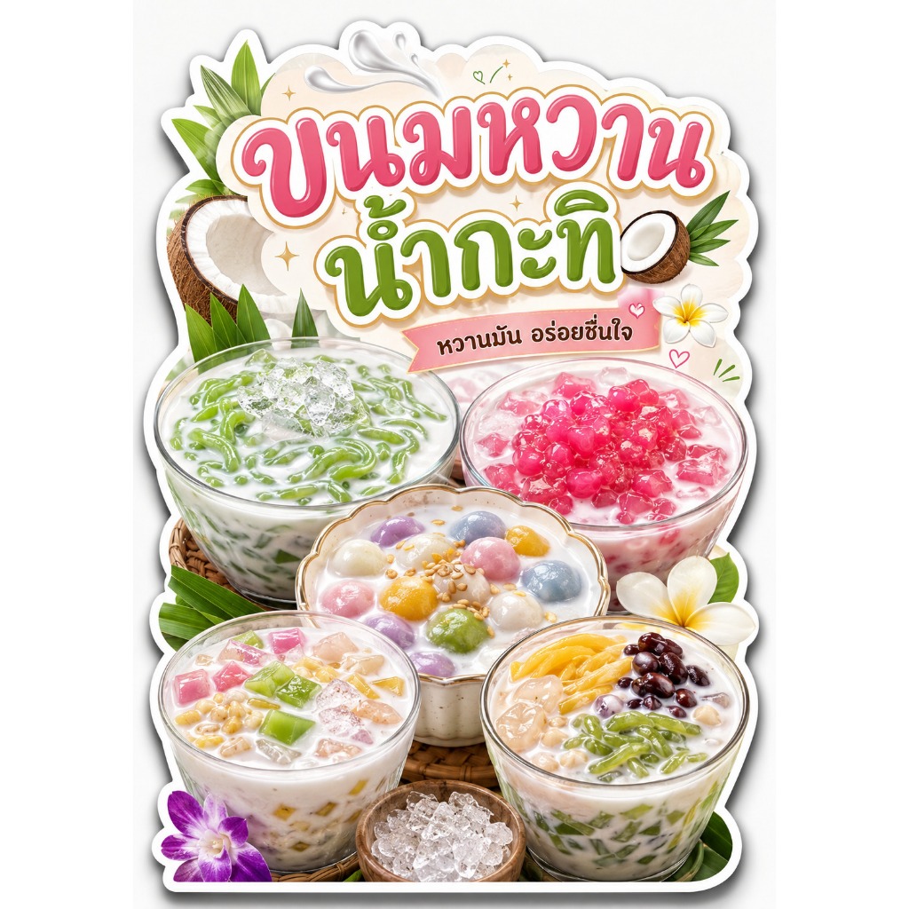 ป้ายขนมหวาน ป้ายเมนูขนมไทย ขนาด A3 ทรงไดคัท สีสดคมชัด สำหรับติดหน้าร้าน