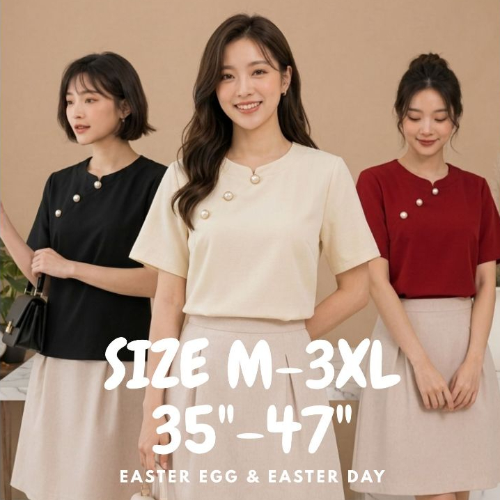 D22 เสื้อทํางานผู้หญิง แขนสั้น คอปกจีน สไตล์มินิมอล แต่งกระดุม ผ้าสลาฟ มี Texture Easter Egg