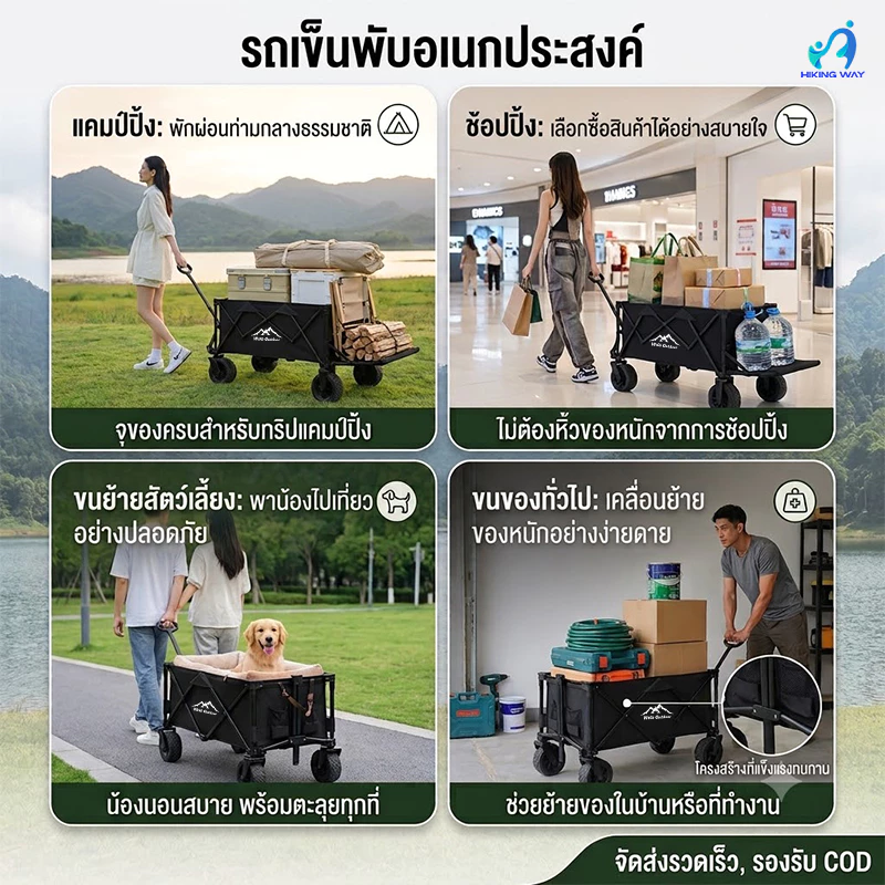 รถเข็นแคมป์ปิ้ง รถเข็นพับได้ รถเข็นของ รับน้ำหนัก300KG ล้อ360° มีเบรก ด้ามจับปรับระดับ พับเก็บได้ thumbnail 7