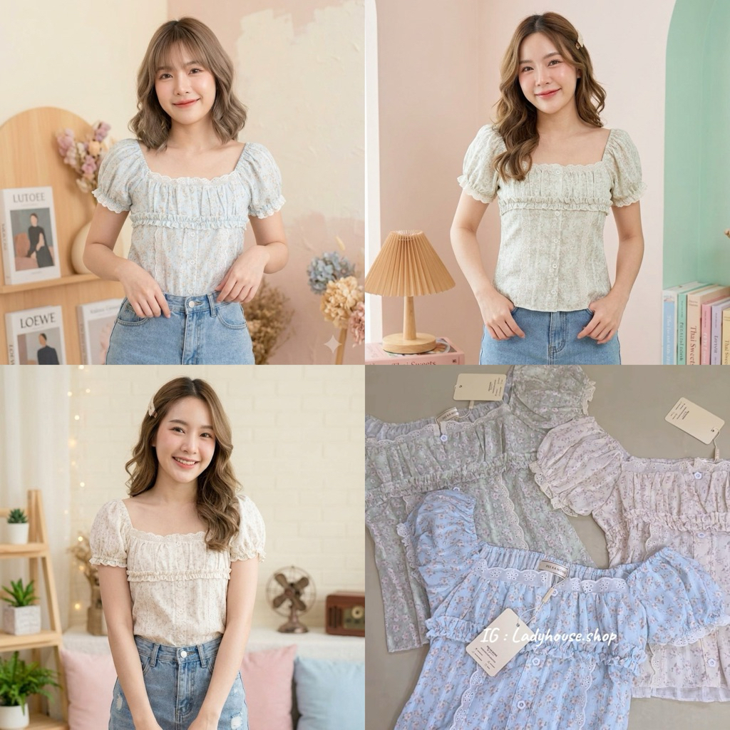 เสื้อคอเหลี่ยม แขนตุ๊กตา ผ้าลายดอกไม้หวานๆ เเต่งลูกไม้สวยมากค่า