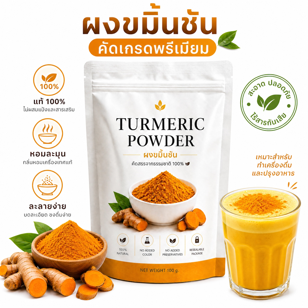 ผงขมิ้นชันแท้ 100% ผงขมิ้นชันบดละเอียด คัดเกรด ไม่ผสมแป้ง ชงดื่ม ทำอาหาร 100 กรัม