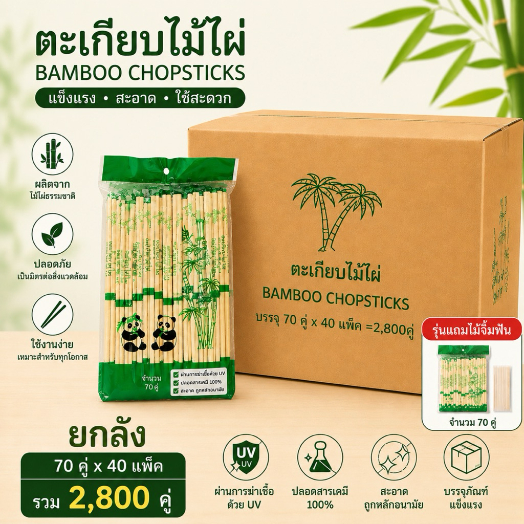 ตะเกียบไม้ไผ่ 70 คู่✅ ยาว 22 cm. (ยกลัง) ราคาส่ง แถมฟรีไม้จิ้มทุกห่อ ตะเกียบไม้ไผ่ธรรมชาติ 2800 คู่