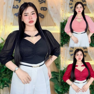 พร้อมจัดส่ง**เสื้อสาวอวบ อก38-46ยาว23 เว้าหน้าแต่งอะไรแขนชีฟองดูดีมาก**รุ่น เว้าย่นหน้าแขนชีฟอง**