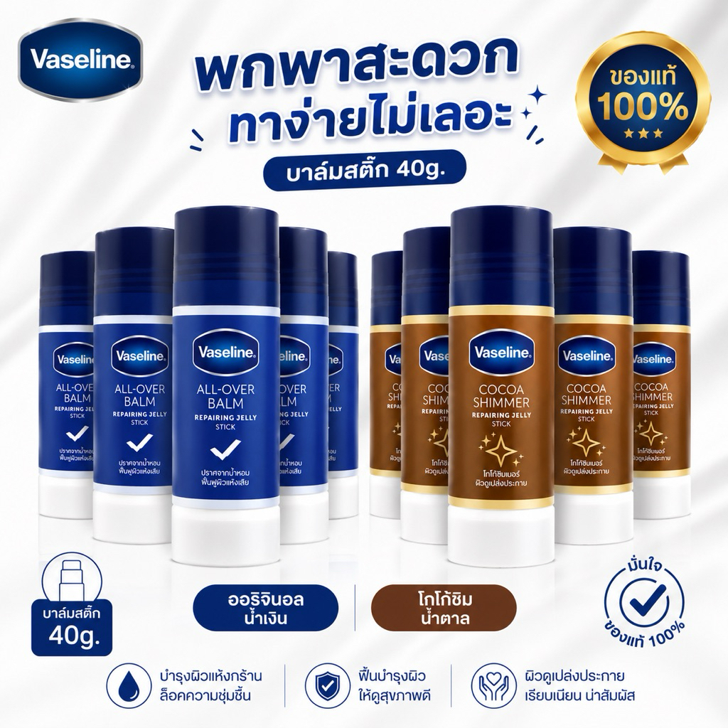 [ชุด6ขวด/ยกลัง12ขวด]วาสลีนปิโตรเลียมเจลลีบาล์มสติีก 40g. เลือกสีข้างใน