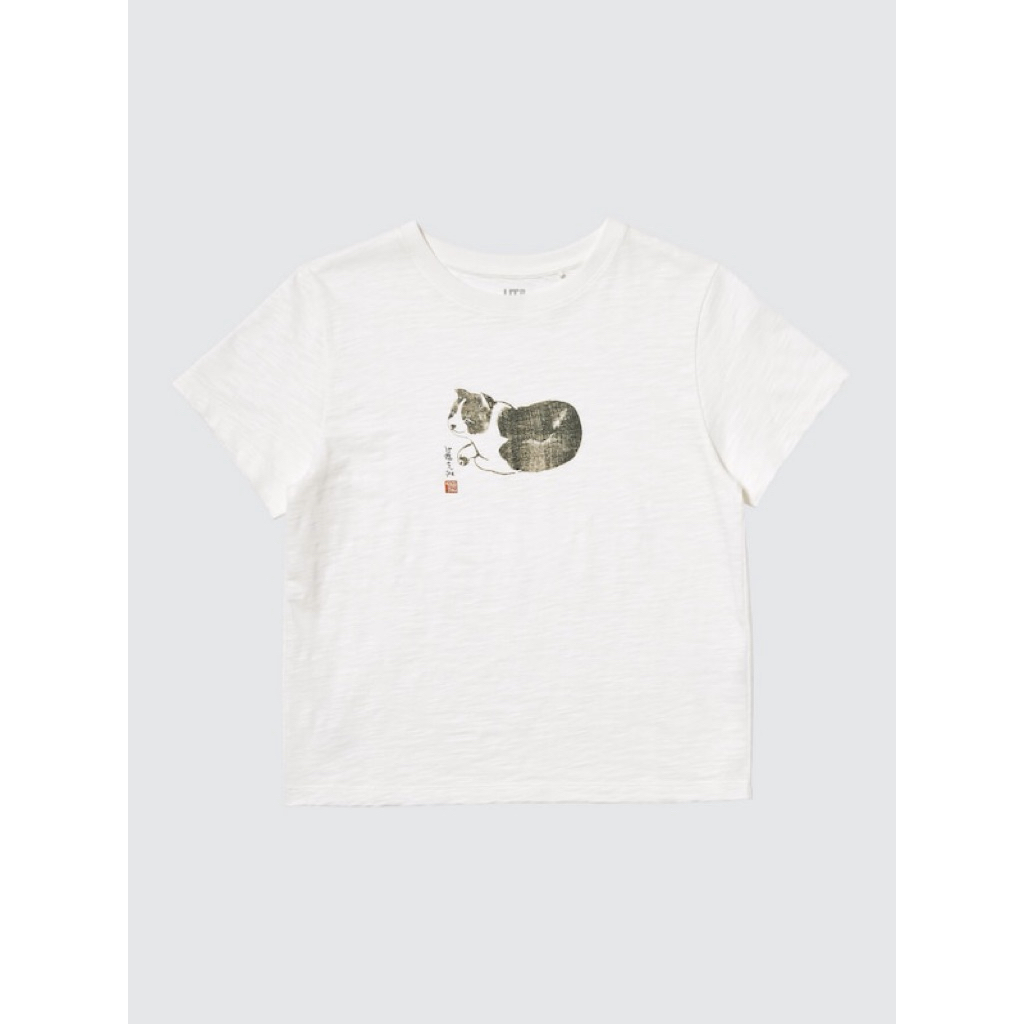 sale! ใหม่มีป้าย Uniqlo Edo Kawaii t-shirt baby tee ผู้หญิง เสื้อยืด แขนสั้น สีขาว ลายแมว Wagara (An