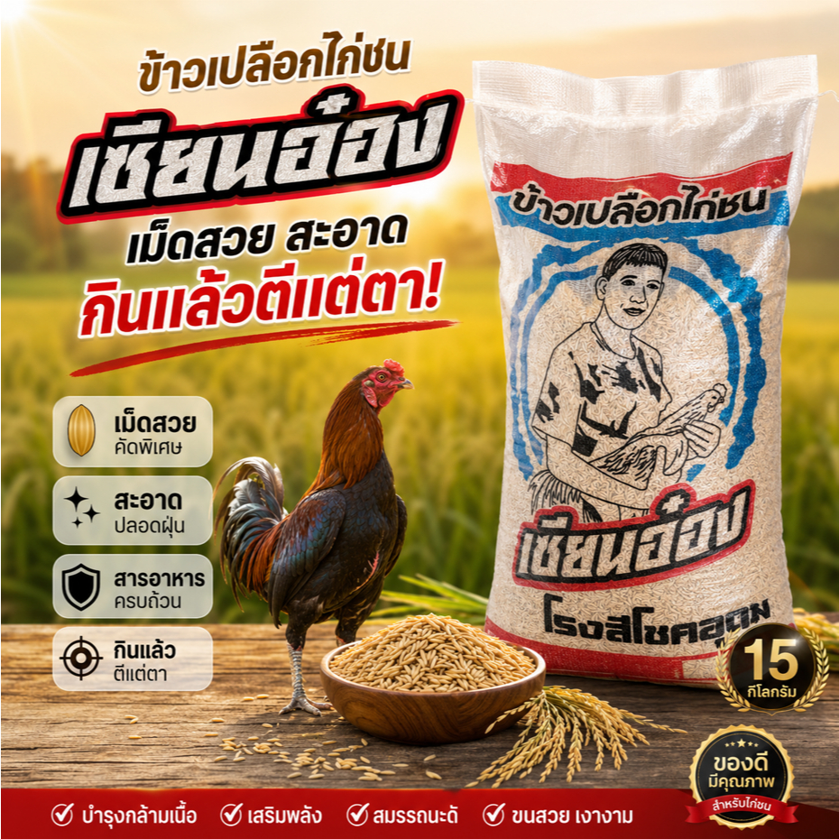 ข้าวเปลือกไก่ชน ตราเซียนอ๋อง 15 กก. จากโรงสีข้าวโชคอุดม พะเยา เม็ดสวย ขาว สะอาด อาหารไก่ชนคุณภาพ