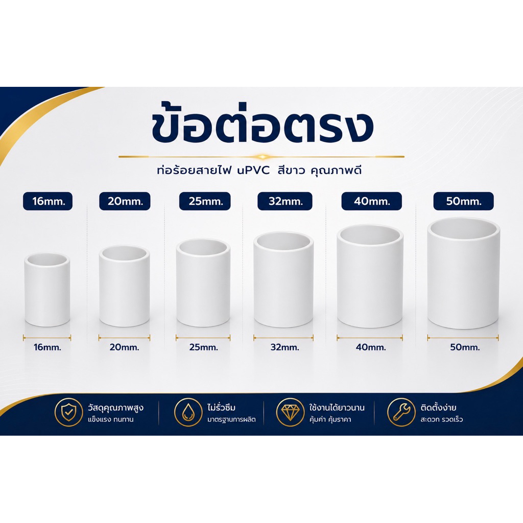 ข้อต่อตรง PVC สวมท่อ ขนาด 16mm. / 20mm. / 25mm. / 32mm. / 40mm. / 50mm.