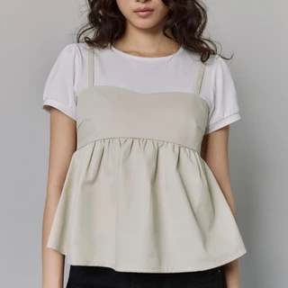CHUUCHOP - (S-4XL) Missouri Blouse เสื้อเบลาส์ดีไซน์2เลเยอร์ แขนสั้น เก็บสัดส่วนได้ดี แมทช์ง่าย(C8616)