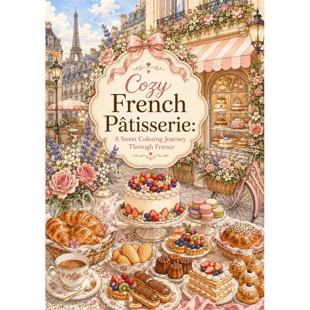 Sale พิมพ์ 1 ภาพ ต่อ 1 หน้า สีไม่ซึม สมุดระบายสี Cozy French Pâtisserie: A Sweet Coloring Journey Through France
