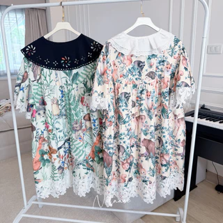 NITAAN 🐁 LILA DRESS เดรสผ้านูนทางพิมพ์ลาย โอเว่อร์ไซส์ ปกปัก สวยมากกก กระดุมหน้าอแต่งลูกไม้