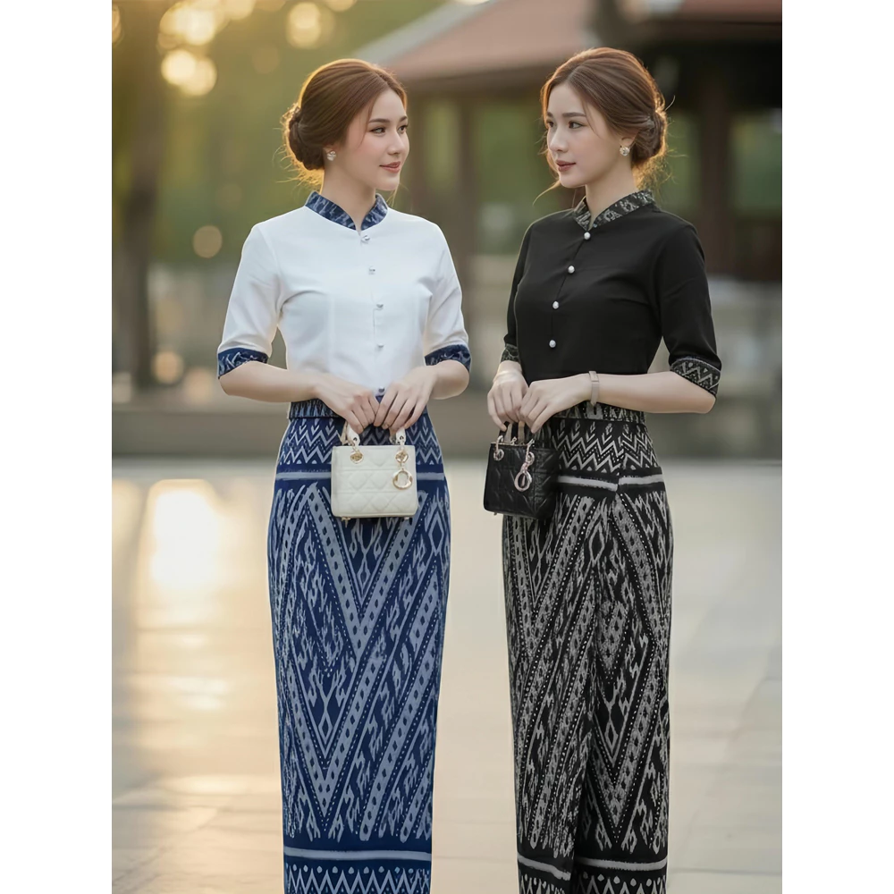 ชุดผ้าไทยลายคราม เสื้อพร้อมผ้าถุงหมักโคลน เซ็ท2ชิ้น ผ้าฝ้ายเกรดA เนื้อนุ่มใส่สบาย