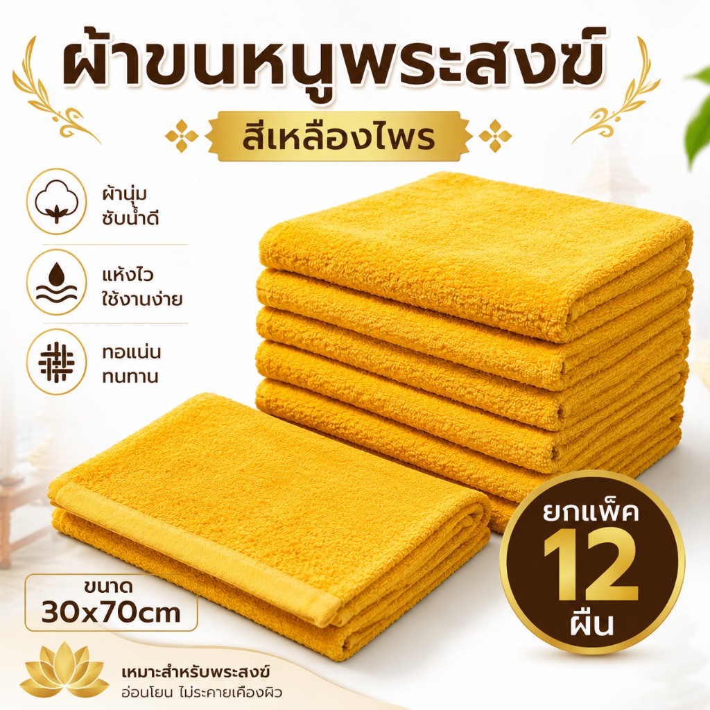 ผ้าขนหนู (ยกโหล 12 ผืน) ถวายพระสงฆ์ ผ้าเช็ดหน้าพระขนาด 30*70ซม พร้อมส่ง