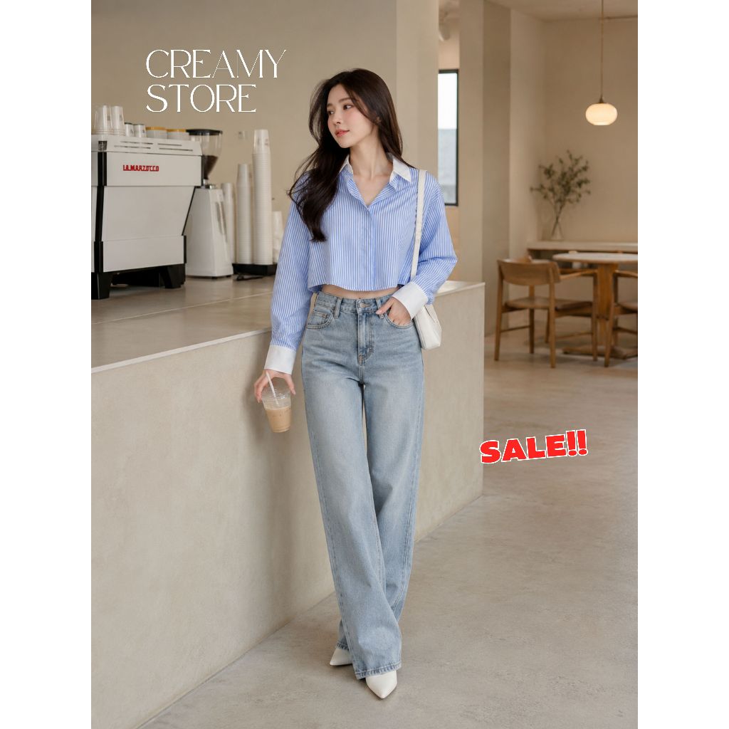 CreamyStore ครอปเชิ้ตคอปกแขนยาวลายริ้ว ชายโค้ง งานป้ายPrisana