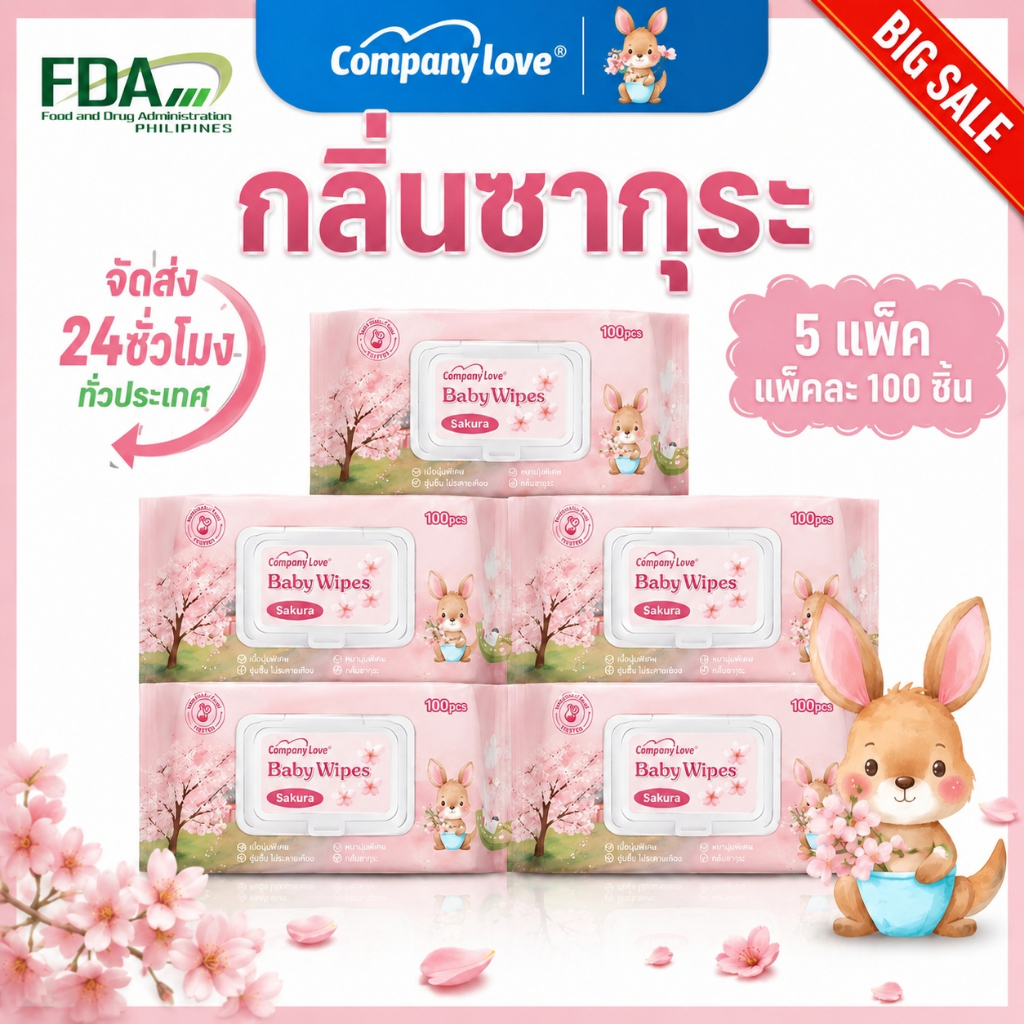 ทิชชู่เปียกเด็ก Company Love Baby Wipes ห่อใหญ่ 500แผ่น สูตรอ่อนโยน เหมาะเด็กแรกเกิด เด็กผู้ชาย เด็กหญิง กลิ่นดอกซากุระ