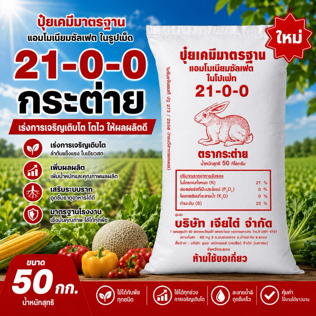 ปุ๋ยเคมี 21-0-0 ตรากระต่าย 50 กก. แอมโมเนียมซัลเฟต สูตรเร่งใบ เร่งต้น ใบเขียวเข้ม พืชโตไว ใช้ได้ทุกพืช