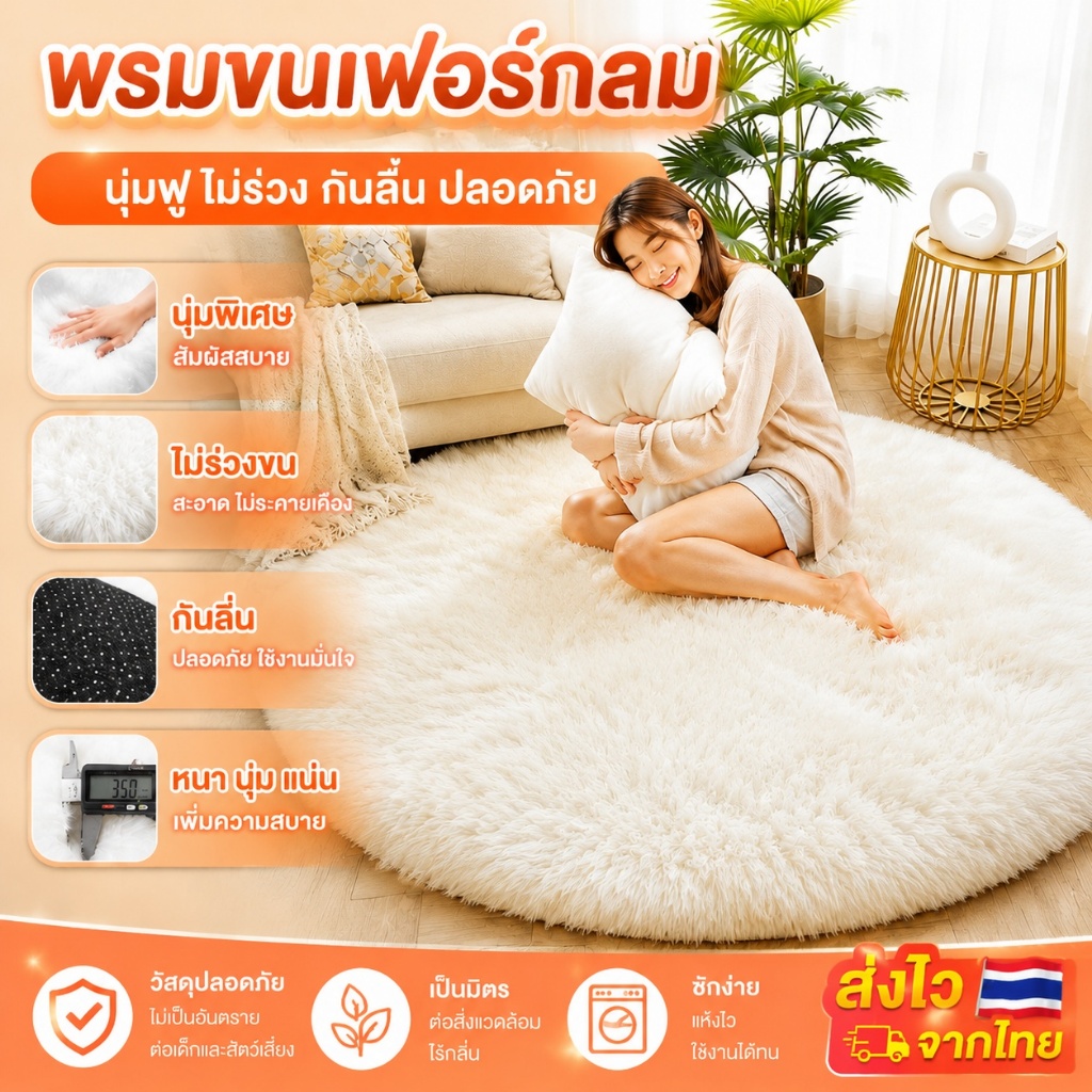 พรมปูพื้นห้องนอน ขนนุ่มพิเศษหนาพอดี + ใยสังเคราะห์คุณภาพสูง ไม่ร่วง + กันลื่น ใช้ในห้องนอน/นั่งเล่น หลายสี พร้อมส่ง