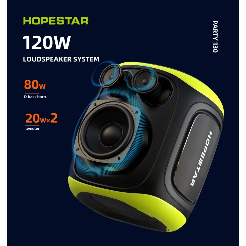HOPESTAR PARTY 130 ลำโพงบลูทูธ 120W พร้อมไมค์ไร้สาย 2 ตัว แบต 22000mAh เล่นได้นาน 6-10 ชม. ไฟ RGB