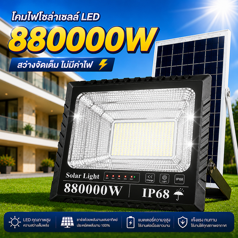 EEKOO【ซื้อ1แถม1】ไฟโซล่าเซลล์ 880000W โซล่าเซลล์ กันน้ำ กันฟ้าผ่า Solar Light LED ไฟสปอร์ตไลท์ ไฟโซล่าเซลล์สว่างทั้งคืน