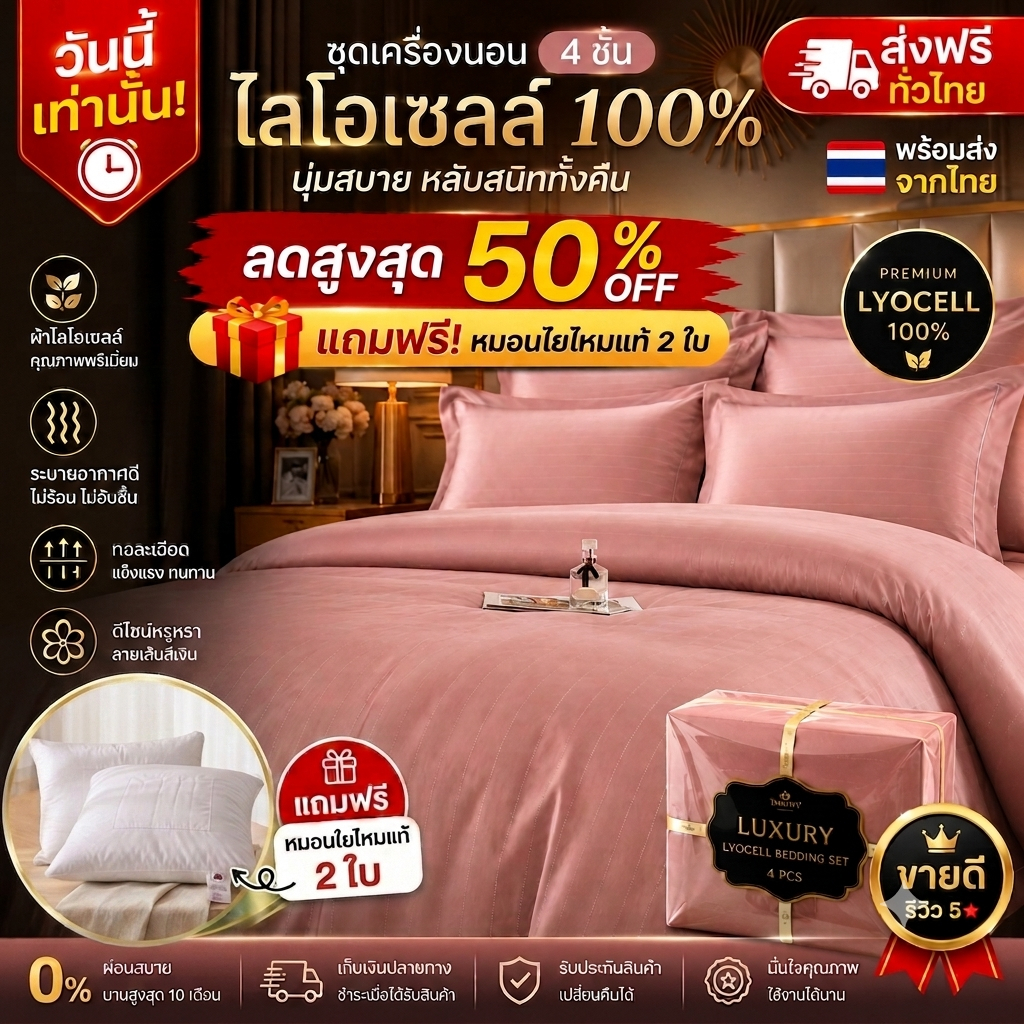 แถมหมอน 2 ใบ | ชุดเครื่องนอน Lyocell 100% ชุดผ้าปูที่นอน สีชมพูกุหลาบหม่น นุ่มลื่น เย็นสบาย ระบายอากาศดี ขนาด 200×230 ซ